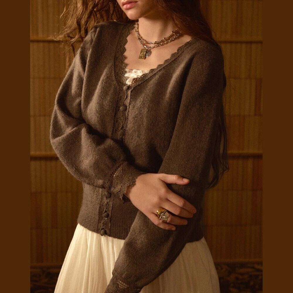 Brown Knit Scalloped Lace Trim V Neck Button Front Cardigan